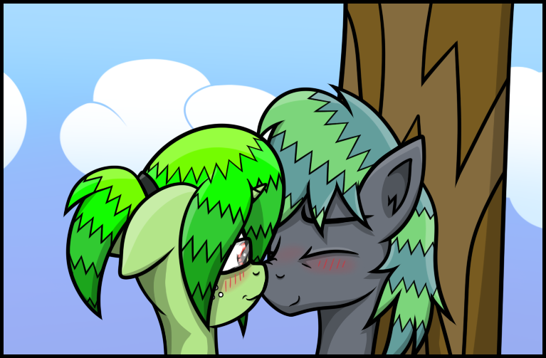 Size: 767x503 | Tagged: safe, artist:wellfugzee, derpibooru import, oc, oc:bitter pill, oc:razzle, unofficial characters only, earth pony, pony, unicorn, bizzle, blushing, boop, cloud, cute, female, floppy ears, freckles, glasses, looking at each other, male, mare, noseboop, oc x oc, scrunchy face, shipping, sky, stallion, straight, tree