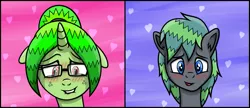 Size: 1193x516 | Tagged: safe, artist:wellfugzee, derpibooru import, oc, oc:bitter pill, oc:razzle, unofficial characters only, earth pony, pony, unicorn, bizzle, blushing, cute, female, floppy ears, freckles, glasses, lip bite, looking at each other, male, mare, shipping, stallion, straight