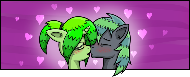 Size: 1280x520 | Tagged: safe, artist:wellfugzee, derpibooru import, oc, oc:bitter pill, oc:razzle, unofficial characters only, earth pony, pony, unicorn, bizzle, blushing, boop, cute, eyes closed, female, freckles, glasses, kissing, male, mare, noseboop, oc x oc, shipping, stallion, straight