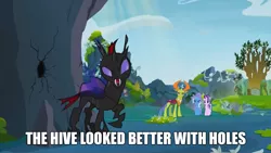 Size: 1276x718 | Tagged: safe, derpibooru import, edit, edited screencap, screencap, pharynx, starlight glimmer, thorax, trixie, changedling, changeling, pony, unicorn, to change a changeling, caption, female, king thorax, male, mare, raised hoof, throne