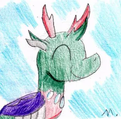 Size: 422x415 | Tagged: artist:ptitemouette, changedling, changeling, derpibooru import, pharynx, prince pharynx, safe, smiling, solo, to change a changeling, traditional art