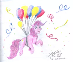 Size: 1624x1389 | Tagged: safe, artist:edhelistar, derpibooru import, pinkie pie, pony, balloon, confetti, floating, signature, simple background, streamers, then watch her balloons lift her up to the sky, traditional art