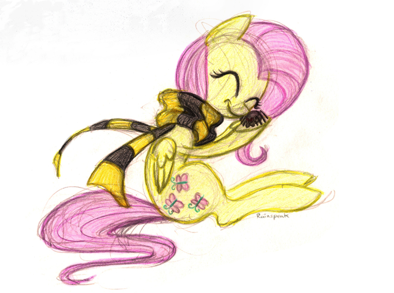 Size: 893x665 | Tagged: safe, artist:rainspeak, derpibooru import, fluttershy, pony, spider, clothes, colored sketch, cropped, eyes closed, folded wings, hoof hold, hufflepuff, nuzzling, scarf, sitting, smiling, solo, traditional art