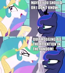 Size: 1280x1440 | Tagged: safe, derpibooru import, edit, edited screencap, screencap, princess celestia, princess luna, pony, a royal problem, angry, background pony strikes again, image macro, meme, meta, op has a point