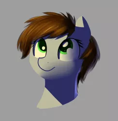 Size: 658x675 | Tagged: safe, artist:neuro, derpibooru import, oc, oc:littlepip, unofficial characters only, pony, fallout equestria, fanfic, bust, fanfic art, female, gray background, mare, missing horn, portrait, simple background, smiling, solo