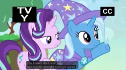 Size: 1349x754 | Tagged: safe, derpibooru import, screencap, starlight glimmer, trixie, pony, unicorn, to change a changeling, closed captioning, female, frown, lidded eyes, mare, meme, not straight, pointing, tv-y, youtube caption