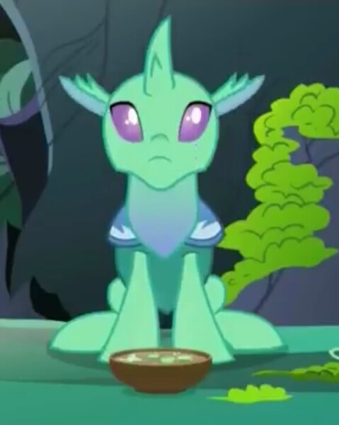 Size: 575x720 | Tagged: safe, derpibooru import, screencap, soupling, changedling, changeling, to change a changeling, :c, cropped, cute, cuteling, food, frown, horn, looking up, male, solo, soup