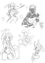 Size: 2953x4169 | Tagged: suggestive, artist:nayaasebeleguii, derpibooru import, applejack, princess celestia, sunset shimmer, trixie, human, equestria girls, bikini, breasts, clothes, humanized, midna, monochrome, principal celestia, spanking, swimsuit, the legend of zelda, the legend of zelda: twilight princess