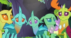 Size: 1000x535 | Tagged: changedling, changeling, changeling hive, cornicle, cute, cuteling, derpibooru import, discovery family logo, floppy ears, king thorax, sad, safe, screencap, thorabetes, thorax, to change a changeling