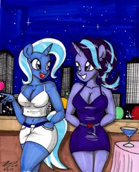 Size: 1364x1685 | Tagged: safe, artist:newyorkx3, derpibooru import, starlight glimmer, trixie, anthro, unicorn, belly button, breasts, busty starlight glimmer, busty trixie, city, cleavage, clothes, dress, drink, female, looking at each other, mare, midriff, night, smiling, traditional art