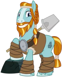 Size: 2600x3200 | Tagged: safe, artist:cheezedoodle96, derpibooru import, rockhoof, earth pony, pony, campfire tales, .svg available, armor, beard, braid, braided ponytail, facial hair, leather armor, leg wraps, looking at you, male, moustache, rock, rockhoof's shovel, shovel, simple background, smiling, solo, stallion, svg, transparent background, valknut, vector