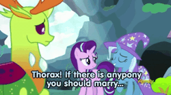 Size: 480x268 | Tagged: animated, changedling, changeling, derpibooru import, discovery family logo, edit, edited screencap, female, gif, king thorax, male, safe, screencap, shipping, starlight glimmer, straight, text, thorax, thoraxie, to change a changeling, trixie