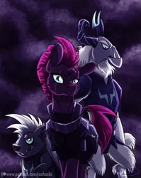 Size: 900x1131 | Tagged: safe, artist:inuhoshi-to-darkpen, derpibooru import, grubber, storm king, tempest shadow, hedgehog, pony, yeti, my little pony: the movie, armor, broken horn, clothes, eye scar, scar