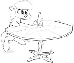 Size: 1736x1485 | Tagged: safe, artist:smoldix, derpibooru import, oc, oc:anonfilly, unofficial characters only, pony, alcohol, beer, beer bottle, booze, chest fluff, crystal, crystal furniture, ear fluff, female, filly, floppy ears, grayscale, hoofy-kicks, monochrome, reaching, scrunchy face, simple background, solo, table, white background, wobbling