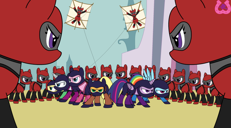 Size: 1024x571 | Tagged: safe, artist:author92, derpibooru import, applejack, fluttershy, pinkie pie, rainbow dash, rarity, twilight sparkle, oc, alicorn, earth pony, pegasus, pony, unicorn, series:siege of canterlot, brightly colored ninjas, canterlot, fighting stance, kite, kunoichi, mane six, mask, ninja, ninja kite, story included