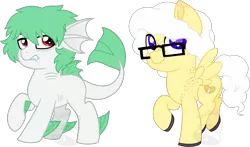 Size: 1361x800 | Tagged: safe, artist:tambelon, derpibooru import, oc, oc:lir, oc:twinkie cream, unofficial characters only, original species, pegasus, pony, duo, female, glasses, mare, simple background, transparent background, watermark, wingding eyes