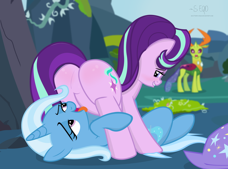 Size: 3796x2821 | Tagged: suggestive, artist:shutterflyeqd, derpibooru import, starlight glimmer, thorax, trixie, changedling, changeling, pony, unicorn, to change a changeling, butt, clothes, exhibitionism, featureless crotch, featureless crotch sex, female, glimmer glutes, hat, imminent cunnilingus, imminent sex, implied cunnilingus, implied oral, implied sex, king thorax, lesbian, licking, mare, open mouth, plot, public sex, shipping, show accurate, show accurate porn, smiling, startrix, stupid sexy starlight glimmer, tongue out, trixie's hat
