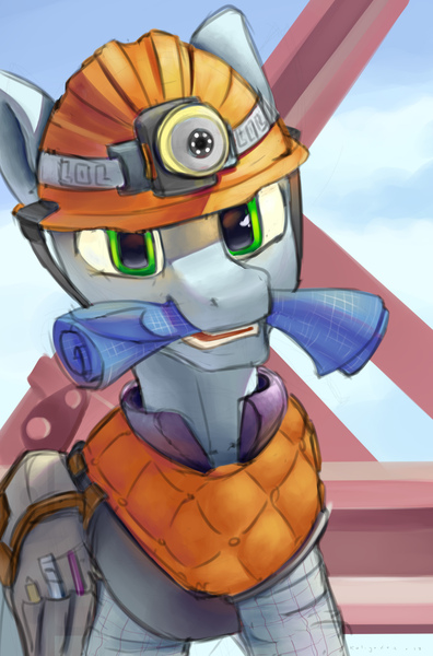 Size: 1440x2180 | Tagged: safe, artist:weirdcloud, derpibooru import, oc, unofficial characters only, pony, blueprint, construction site, engineer, helmet, mouth hold, saddle bag, solo