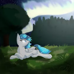 Size: 1280x1280 | Tagged: safe, artist:katiethewolfie, artist:katiethewolfy, derpibooru import, oc, oc:katiediamondsky, unofficial characters only, pegasus, pony, aurora borealis, depressed, forest, forest background, solo, tree, white