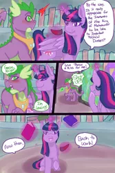 Size: 1024x1536 | Tagged: safe, artist:jeyjeymohr, derpibooru import, spike, twilight sparkle, alicorn, dragon, comic:crownless, blushing, comic, dialogue, implied gay, implied shipping, implied thorax, library, magic, sombra's horn, telekinesis, twilight sparkle (alicorn)