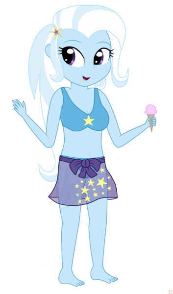 Size: 978x1664 | Tagged: safe, artist:sutekh94, deleted from derpibooru, derpibooru import, trixie, equestria girls, bad anatomy, barefoot, belly button, bikini, blue swimsuit, clothes, cone, dessert, equestria girls minis, feet, female, food, ice cream, open mouth, sarong, simple background, solo, star printed swimsuit, swimsuit, transparent background, wrap skirt