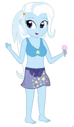 Size: 978x1664 | Tagged: safe, artist:sutekh94, deleted from derpibooru, derpibooru import, trixie, equestria girls, bad anatomy, barefoot, belly button, bikini, blue swimsuit, clothes, cone, dessert, equestria girls minis, feet, female, food, ice cream, open mouth, sarong, simple background, solo, star printed swimsuit, swimsuit, transparent background, wrap skirt