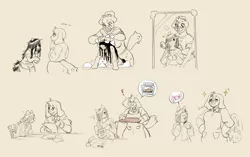 Size: 2877x1812 | Tagged: safe, artist:cosmicminerals, derpibooru import, oc, oc:chalk, oc:floor bored, unofficial characters only, anthro, diamond dog, earth pony, arm hooves, baking, bath, bathing, blushing, brushie, carrot, chair, clothes, eyes closed, female, female diamond dog, food, forced bathing, glasses, image, mare, mirror, monochrome, open mouth, png, pomf, reflection, resume, sweat, sweatdrop, table, tail wag, text, text bubbles