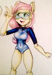 Size: 1831x2621 | Tagged: safe, artist:nolyanimeid, derpibooru import, fluttershy, equestria girls, breasts, busty fluttershy, clothes, diving goggles, diving suit, doll, equestria girls minis, female, open mouth, simple background, smiling, snorkel, solo, swimsuit, toy, traditional art, wetsuit