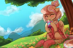 Size: 1125x750 | Tagged: safe, artist:lumineko, derpibooru import, oc, oc:sweet skies, unofficial characters only, pegasus, pony, clothes, cute, dress, drink, drinking, eyes closed, female, frappuccino, grass, hnnng, mare, ocbetes, sky, smiling, solo, stockings, thigh highs, tree