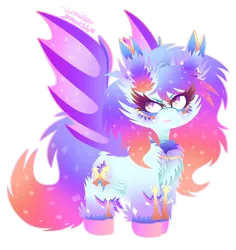 Size: 1580x1674 | Tagged: safe, artist:vanillaswirl6, derpibooru import, oc, oc:angel aura, unofficial characters only, bat pony, pony, cheek fluff, chest fluff, chibi, colored pupils, contest prize, ear fluff, fangs, female, fluffy, hoof fluff, mare, rainbow power, rainbow power-ified, simple background, solo, sparkles, transparent background