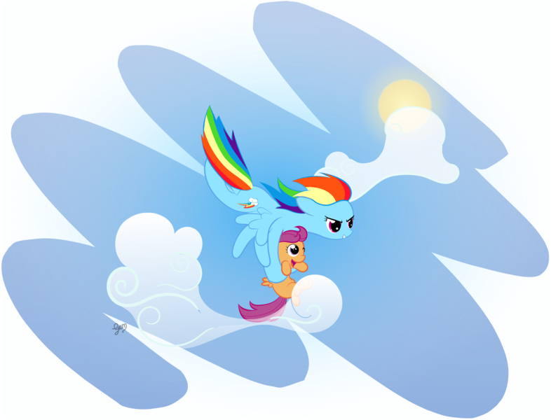 Size: 5000x3818 | Tagged: safe, artist:kiwifingers, derpibooru import, rainbow dash, scootaloo, pegasus, pony, absurd resolution, cloud, duo, female, filly, flying, holding a pony, mare, scootalove