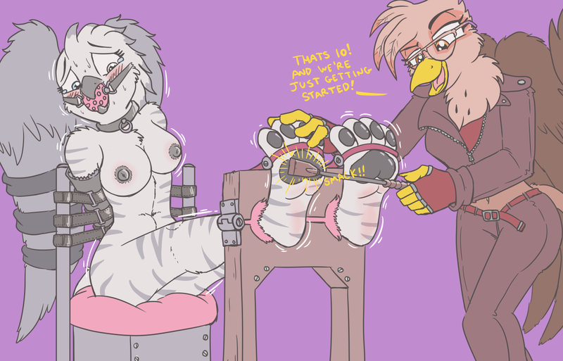 Size: 1242x796 | Tagged: questionable, artist:caroo, derpibooru import, oc, oc:gina, oc:glinda gryphon, unofficial characters only, anthro, gryphon, plantigrade anthro, ballgag, bastinado, bondage, breasts, clothed female nude female, dialogue, feet, female, females only, femdom, fetish, foot fetish, gag, nipples, nudity, purple background, riding crop, simple background, spanking, stocks