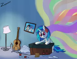 Size: 3850x2975 | Tagged: safe, artist:zaponator, derpibooru import, octavia melody, vinyl scratch, earth pony, pony, unicorn, fanfic, bottle, fanfic art, female, guitar, headphones, lamp, lesbian, mare, music, picture, scratchtavia, shipping, smiling, solo, sunglasses, synesthesia