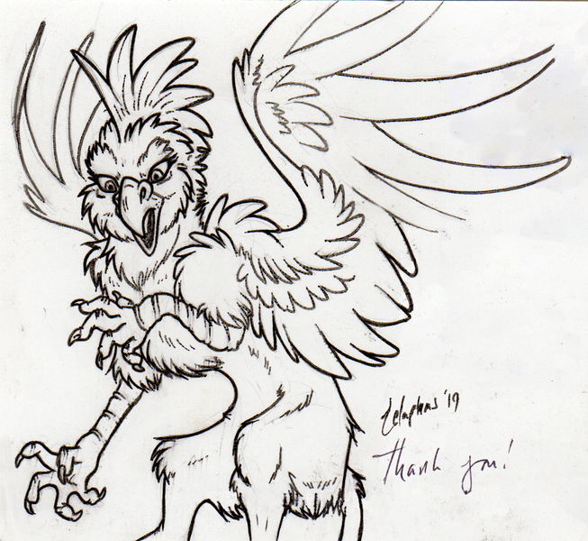 Size: 1327x1219 | Tagged: safe, artist:zelphas, derpibooru import, oc, oc:serilde, unofficial characters only, gryphon, beautiful, majestic, monochrome, traditional art