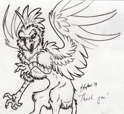 Size: 1327x1219 | Tagged: safe, artist:zelphas, derpibooru import, oc, oc:serilde, unofficial characters only, gryphon, beautiful, majestic, monochrome, traditional art