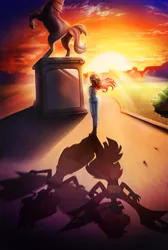 Size: 2500x3730 | Tagged: safe, artist:racoonsan, derpibooru import, sunset shimmer, equestria girls, my past is not today, away from viewer, canterlot high, clothes, courtyard, daydream shimmer, duality, high res, plot, rear view, shadow, solo, statue, sunset, sunset satan, sunset's conscience, sunshine shimmer, wondercolt statue