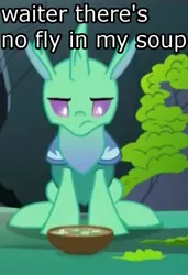 Size: 492x720 | Tagged: changedling, changeling, cropped, derpibooru import, edit, edited screencap, food, frown, glare, horn, image macro, looking down, male, meme, safe, screencap, sitting, solo, soup, soupling, to change a changeling, unamused