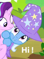 Size: 698x950 | Tagged: safe, derpibooru import, screencap, starlight glimmer, trixie, pony, unicorn, to change a changeling, cape, clothes, cute, diatrixes, female, hat, hi, looking at each other, mare, trixie's cape, trixie's hat