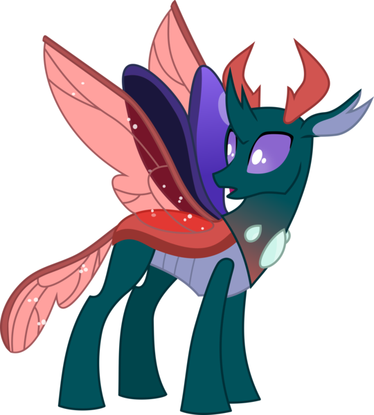 Size: 2755x3060 | Tagged: antlers, artist:frownfactory, changedling, changeling, derpibooru import, green coat, horn, male, pharynx, prince pharynx, purple eyes, red wings, safe, simple background, solo, svg, .svg available, to change a changeling, transparent background, transparent wings, vector, wings