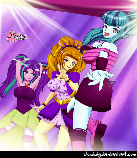 Size: 1739x2000 | Tagged: safe, artist:clouddg, derpibooru import, adagio dazzle, aria blaze, sonata dusk, equestria girls, rainbow rocks, arm behind head, armpits, breasts, busty adagio dazzle, busty aria blaze, busty sonata dusk, clothes, gem, group, looking at you, open mouth, rainbow rocks outfit, signature, siren gem, smiling, trio