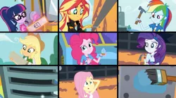 Size: 1257x699 | Tagged: safe, derpibooru import, screencap, applejack, fluttershy, pinkie pie, rainbow dash, rarity, sci-twi, sunset shimmer, twilight sparkle, eqg summertime shorts, equestria girls, get the show on the road, bus, clothes, cupcake, food, geode of empathy, geode of fauna, geode of shielding, geode of sugar bombs, geode of super strength, geode of telekinesis, glasses, hammer, humane seven, ponytail, screwdriver, the rainbooms tour bus, wrench