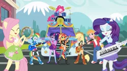 Size: 1275x717 | Tagged: safe, derpibooru import, screencap, applejack, big macintosh, fluttershy, pinkie pie, rainbow dash, rarity, sci-twi, sunset shimmer, twilight sparkle, eqg summertime shorts, equestria girls, get the show on the road, bass guitar, bus, clothes, drums, geode of empathy, geode of fauna, geode of shielding, geode of super strength, geode of telekinesis, guitar, humane seven, keytar, mane six, microphone, musical instrument, ponied up, scitwilicorn, tambourine, the rainbooms, the rainbooms tour bus