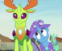 Size: 848x696 | Tagged: safe, derpibooru import, screencap, thorax, trixie, changedling, changeling, pony, unicorn, to change a changeling, cape, clothes, cropped, cute, diatrixes, female, hat, king thorax, male, mare, smiling, trixie's cape, trixie's hat
