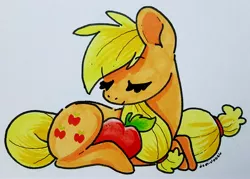 Size: 3198x2294 | Tagged: safe, artist:domino626, derpibooru import, applejack, earth pony, pony, apple, eyes closed, female, food, hatless, lying, mare, marker drawing, missing accessory, simple background, smiling, solo, traditional art, white background