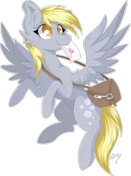 Size: 1625x2182 | Tagged: safe, artist:woonborg, derpibooru import, derpy hooves, pegasus, pony, cheek fluff, chest fluff, derp, ear fluff, envelope, female, flying, mailbag, mailmare, mare, mouth hold, simple background, smiling, solo, transparent background