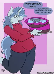 Size: 2400x3300 | Tagged: anthro, artist:sketchybug, birthday, birthday cake, breasts, cake, comic, derpibooru import, dialogue, female, food, implied sex, oc, oc:frozen pop, solo, suggestive, unofficial characters only