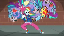 Size: 1280x720 | Tagged: safe, derpibooru import, screencap, rainbow dash, eqg summertime shorts, equestria girls, get the show on the road, backwards ballcap, baseball cap, breakdancing, cap, clothes, converse, female, graffiti, hat, pants, rapper dash, sexy, shoes, sneakers, solo