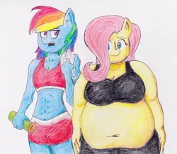 Size: 1035x900 | Tagged: anthro, artist:nanoblade, bbw, belly, belly button, breasts, derpibooru import, fat, fattershy, fluttershy, rainbow dash, suggestive, workout outfit