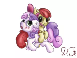 Size: 1600x1200 | Tagged: safe, artist:velvet frame, derpibooru import, apple bloom, sweetie belle, earth pony, pony, unicorn, :o, accessory swap, blushing, bow, cute, duo, female, filly, lesbian, looking back, mouth hold, open mouth, ponies riding ponies, shipping, simple background, smiling, sweetiebloom