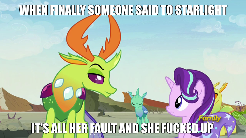 Size: 1920x1080 | Tagged: safe, derpibooru import, edit, edited screencap, screencap, starlight glimmer, thorax, changedling, changeling, pony, unicorn, to change a changeling, caption, discovery family logo, drama, image macro, king thorax, meme, starlight drama